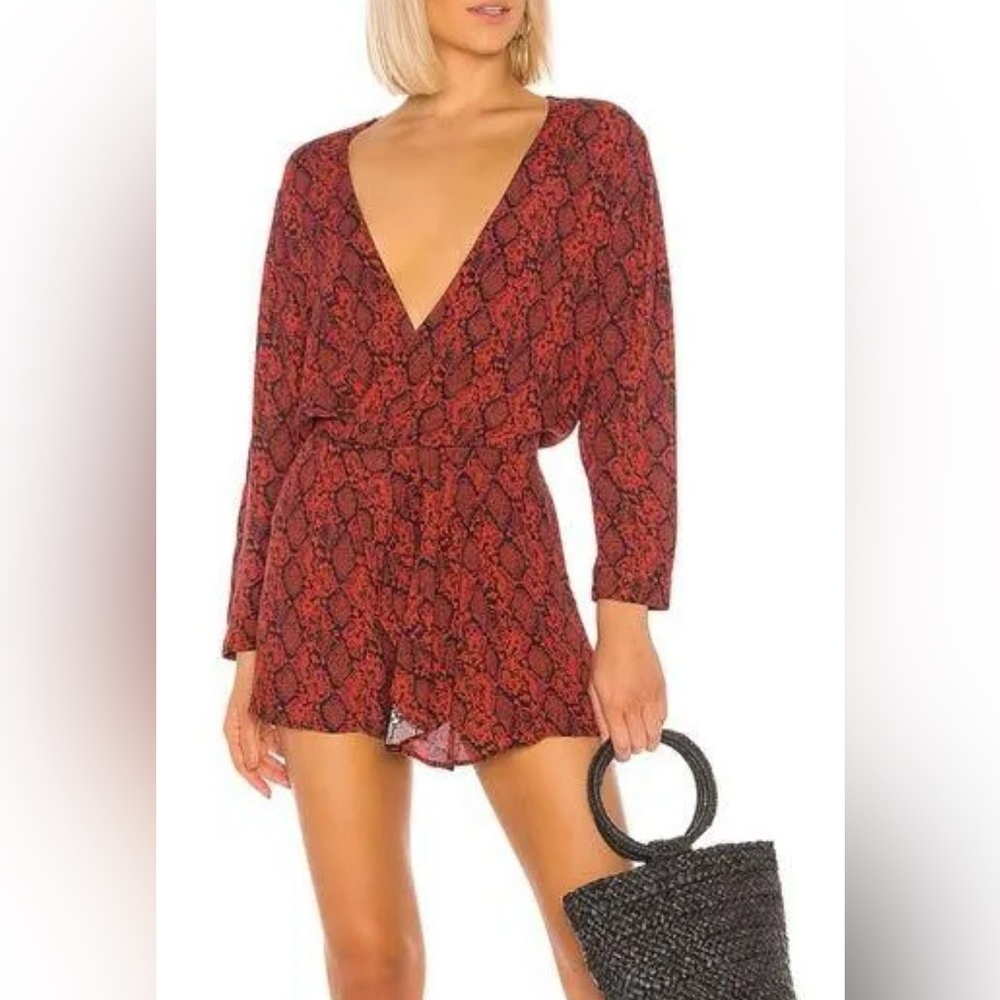Blue Life Romper Womens Small Red Black Snakeskin Faux Wrap V-Neck Revolve EUC